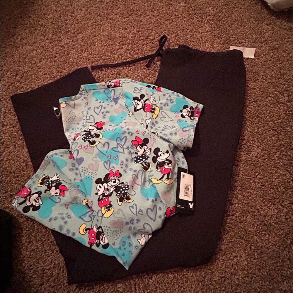 Disney Mickey and Minnie Blue Scrub Top with Black Pants